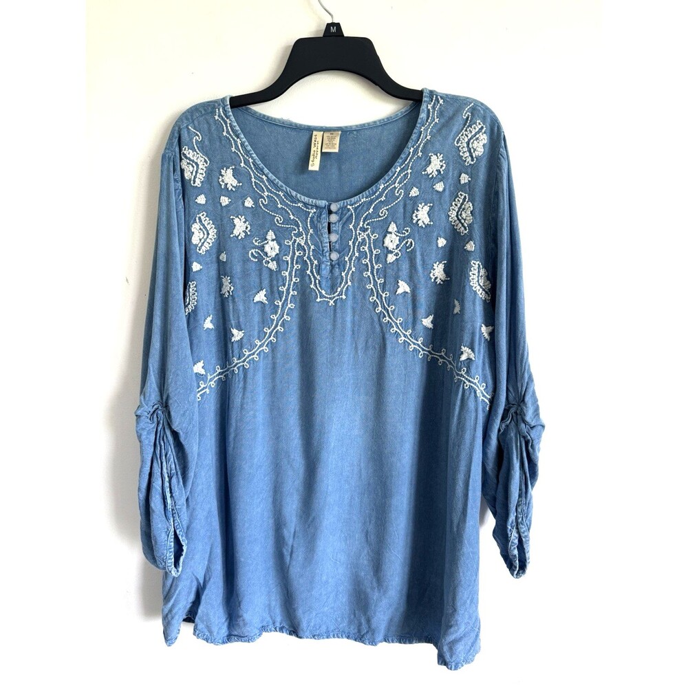 Studio West Apparel Blue Chambray Embroidered Blouse Size 2X Top Shirt Bohemian